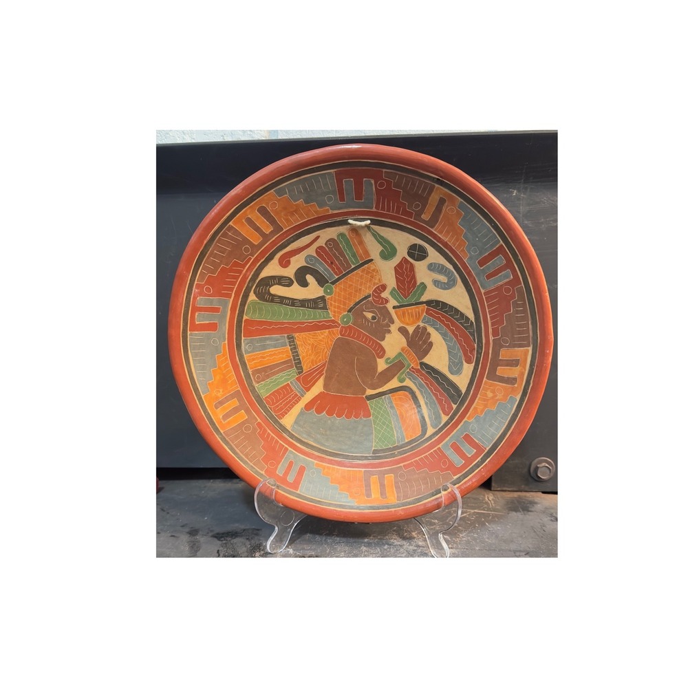 Vintage Tonala Hand Painted Mayan Aztec Terracotta Wall Plate Decor 12.5 Warrior